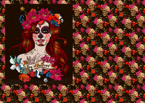 12" x 17" Dia de Muertos Red Head Skulls Flowers Floral Pattern HTV Sheet