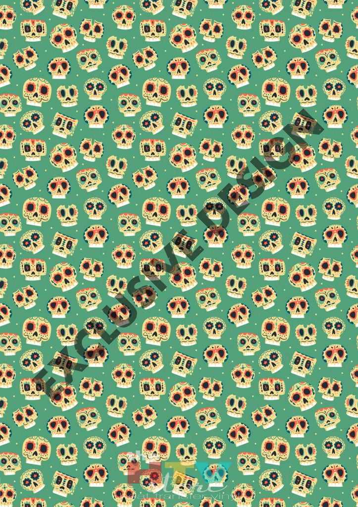 12 X 17 Calaveras With Green Pattern Htv Sheet