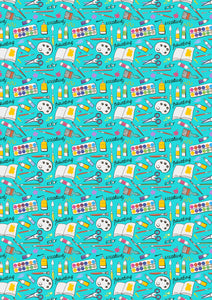 Back to School Art Supplies Teacher Colorful Art Tubes on Blue Pattern HTV 12'" X 17" Sheet