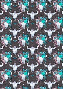 12" x 17"  Cow Skull Head HTV Teal Flowers Floral Pattern HTV Sheet