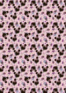 12" x 17" Mouse Floral Purple on Pink Flowers Mouse Ears Magical HTV Pattern HTV Sheet Black Printed Sheet - Heat Transfer Vinyl