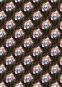 12" x 17" Skulls on Cheetah Pattern HTV Sheet Printed Sheet - Heat Transfer Vinyl Halloween Dia de los Muertos