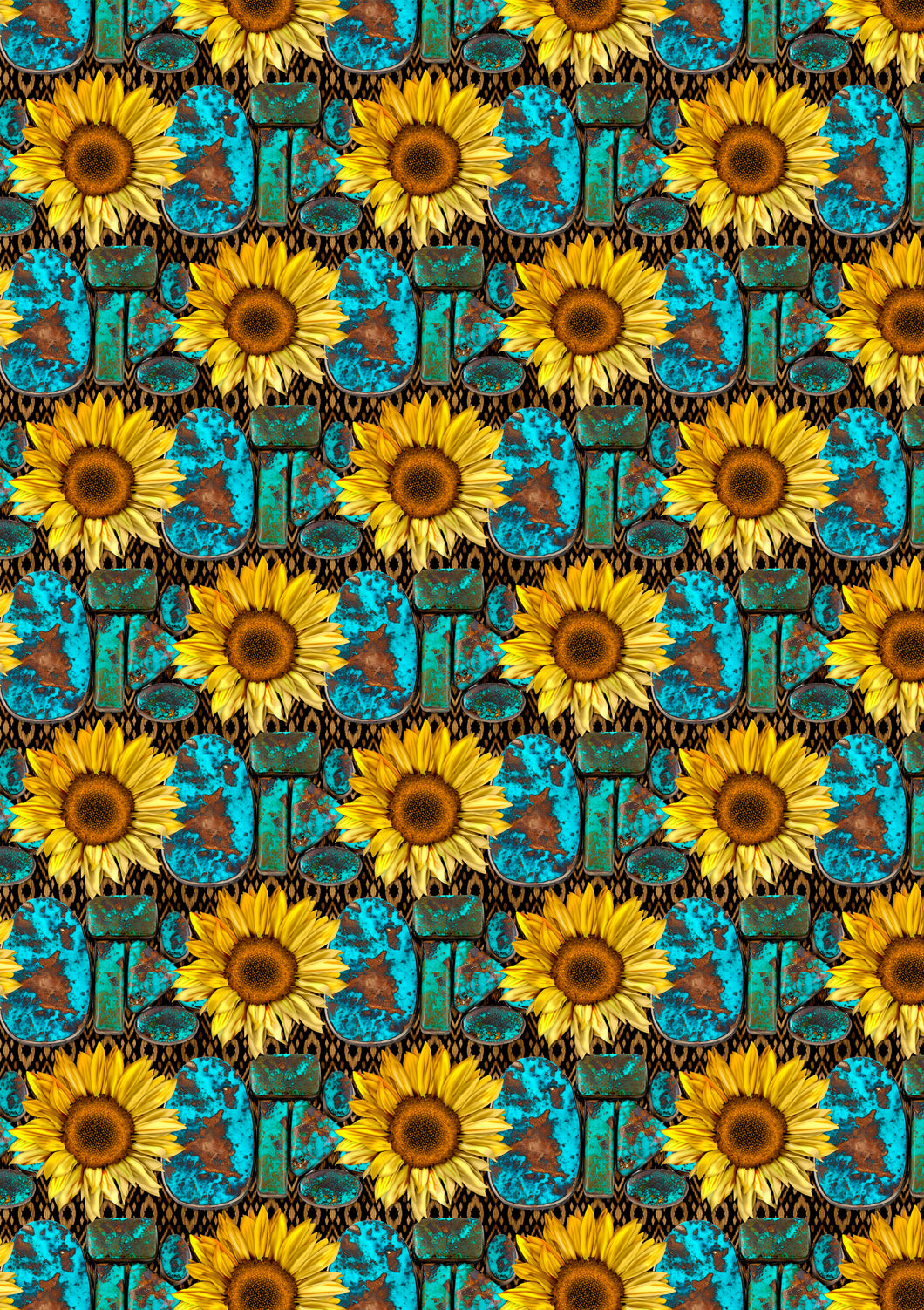 Turquoise and Sunflowers on Cheetah HTV Serape Print Mexico Background Pattern HTV Sheet