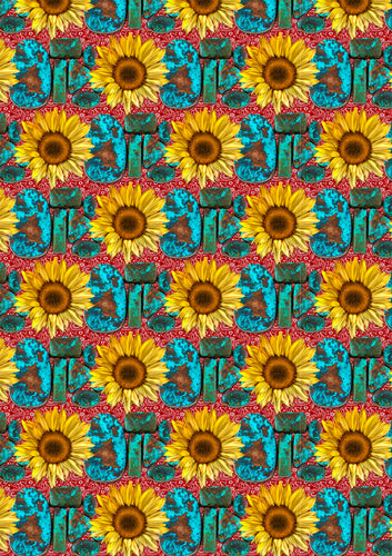 ]Turquoise and Sunflowers Red Bandana HTV Serape Print Mexico Background Pattern HTV Sheet