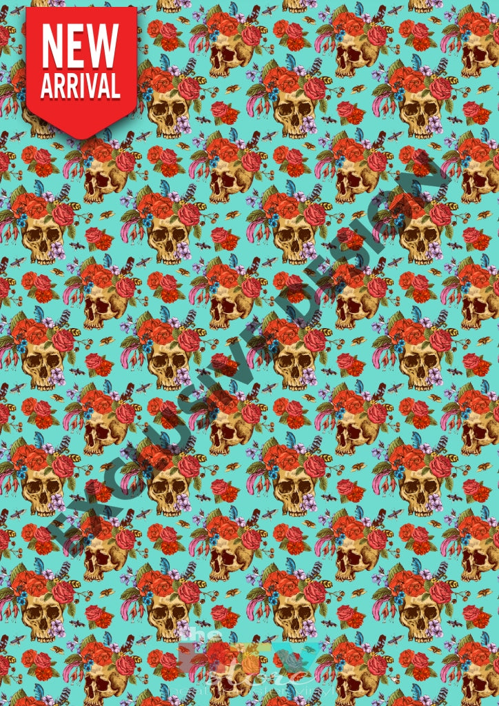 Dia De Muertos Floral Calavera Skull Teal Htv 12 X 17 Sheet Pattern