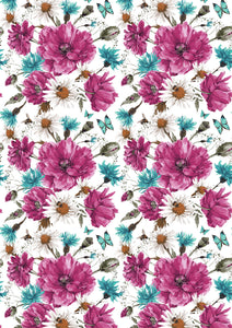12" x 17"  Beautiful Flowers HTV Teal Magenta Floral Mother's Day Wedding Pattern HTV Sheet