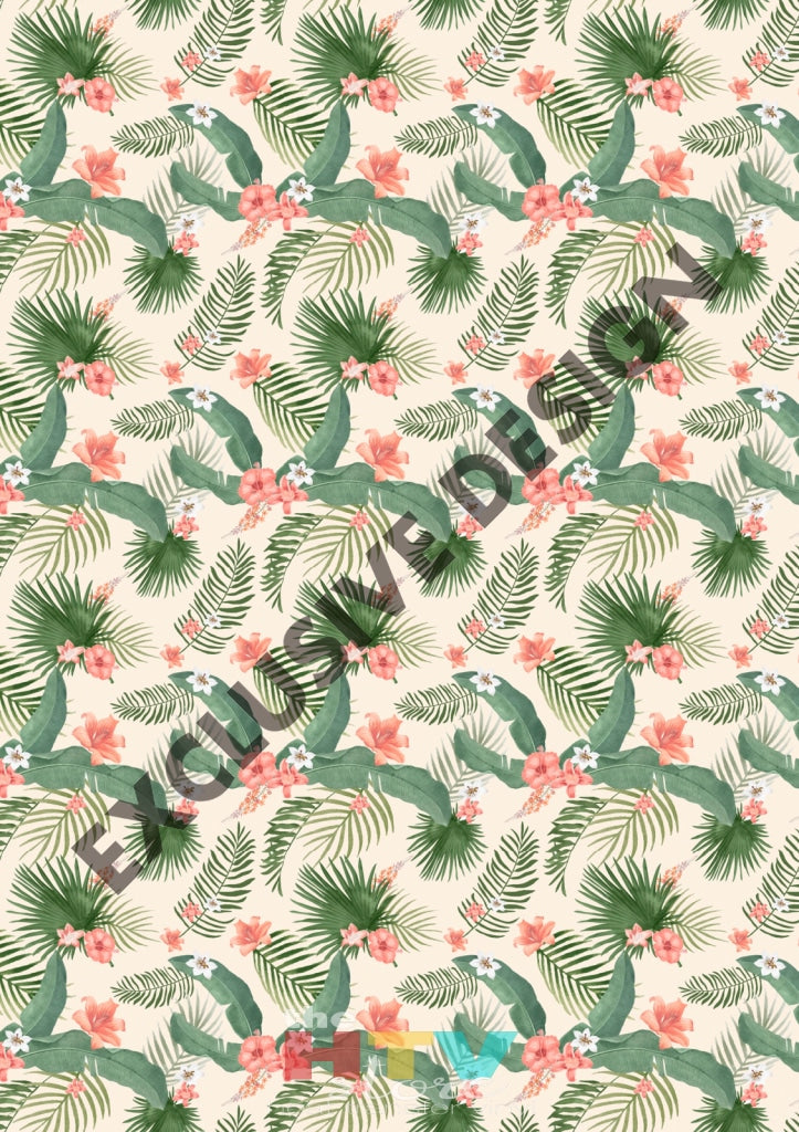 Tropical Leaves Peach Flowers Pattern Htv 12 X 17 Sheet